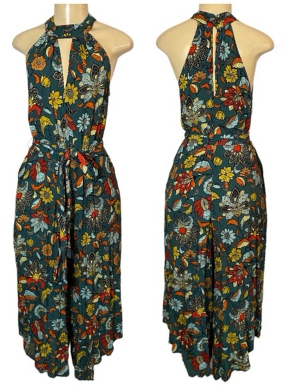 Anthropologie Teal Floral Halter Midi Dress